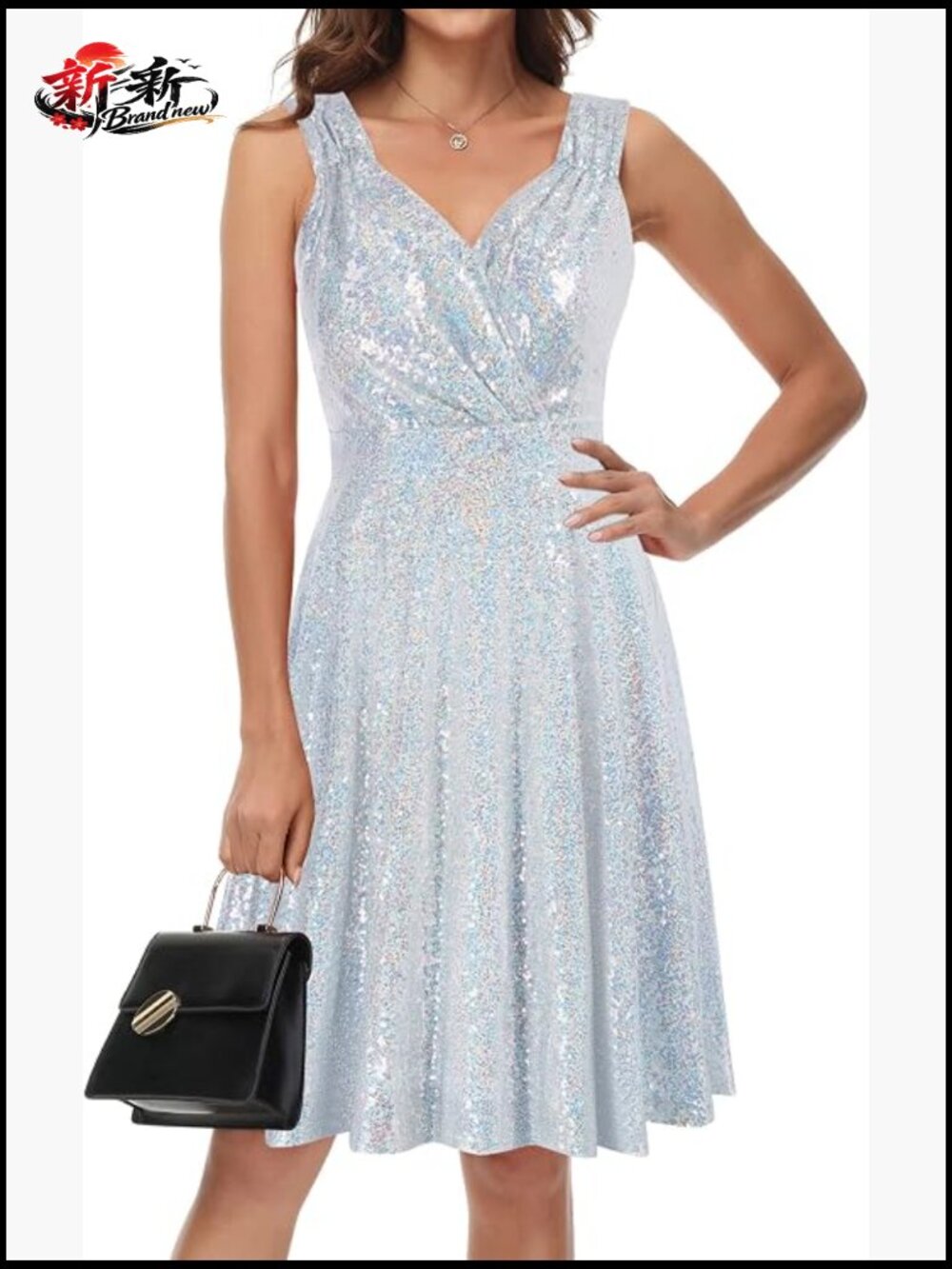 Sequined Sleeveless V-Neck A-Line Midi Cocktail Party Dress